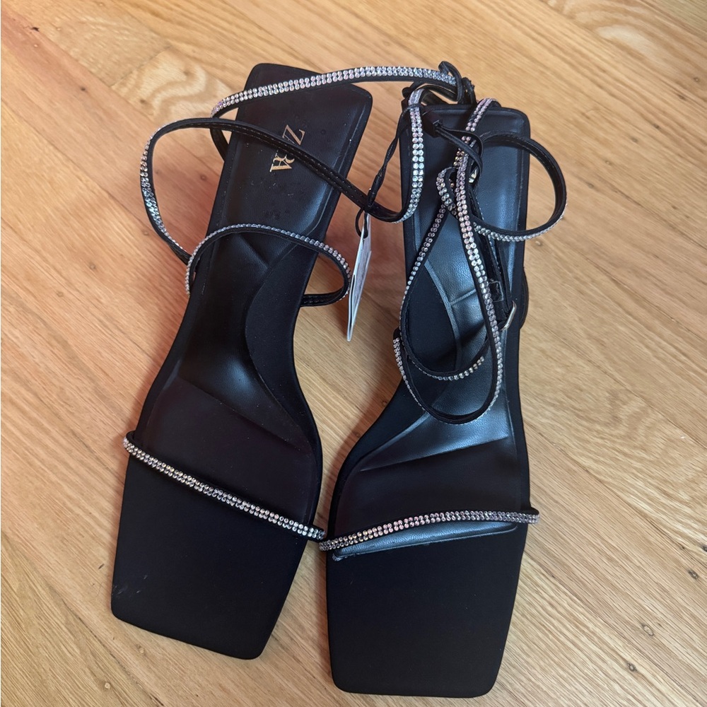 Zara Black Strappy Heels with Silver Accents